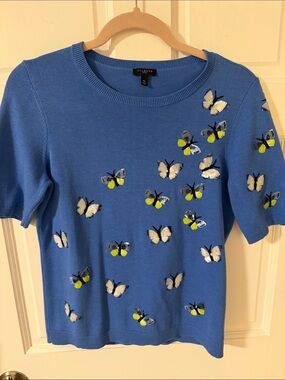 Talbots Blue Short Sleeve Sweater with Butterfly Sequin Embroidery Medium Petite